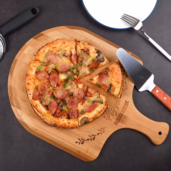 Vassoio in bambù massiccio per uso alimentare, vassoio per pizza in legno con manico