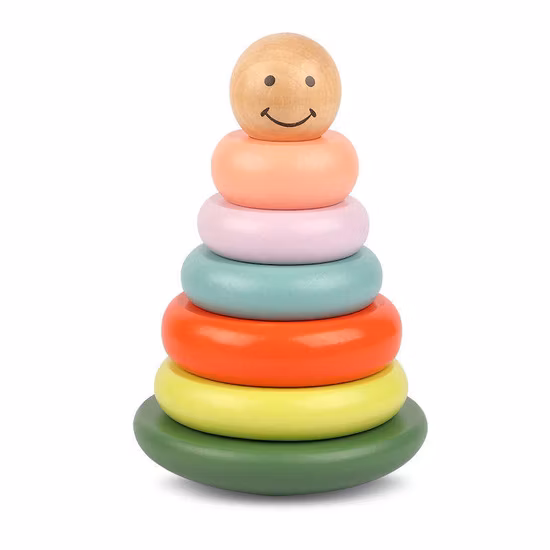 Giocattolo creativo in legno colorato con faccia sorridente e tazza con torre a dondolo